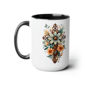 Accent Ceramic Coffee Mug 15oz - Green Brown Christian Cross Floral Bouquet Illustration